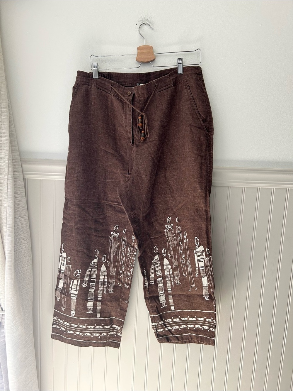 Vintage Easy Spirit Brown Linen Crop Pants 16W Folk Art Print